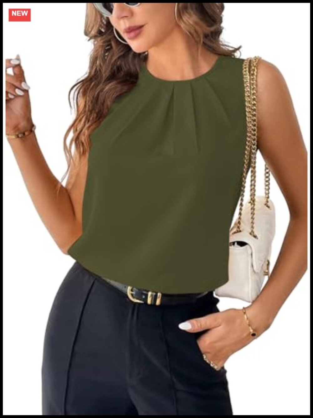 Womens Chiffon Tank Top Pleated Crewneck Sleeveless Blouse